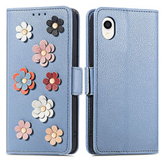 Leather Case Stands Flip Flowers Cover Holder S02D for Samsung Galaxy A22 5G SC-56B Blue