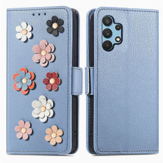 Leather Case Stands Flip Flowers Cover Holder S02D for Samsung Galaxy A32 4G Blue