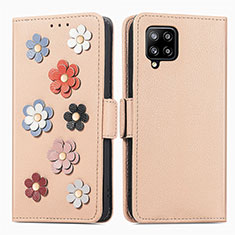 Leather Case Stands Flip Flowers Cover Holder S02D for Samsung Galaxy A42 5G Khaki