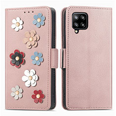 Leather Case Stands Flip Flowers Cover Holder S02D for Samsung Galaxy A42 5G Rose Gold