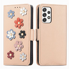 Leather Case Stands Flip Flowers Cover Holder S02D for Samsung Galaxy A52 5G Khaki