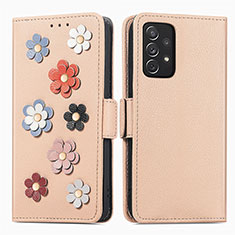 Leather Case Stands Flip Flowers Cover Holder S02D for Samsung Galaxy A72 4G Khaki