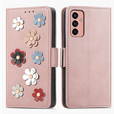 Leather Case Stands Flip Flowers Cover Holder S02D for Samsung Galaxy F13 4G Rose Gold