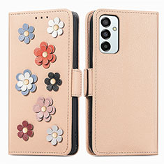 Leather Case Stands Flip Flowers Cover Holder S02D for Samsung Galaxy F23 5G Khaki