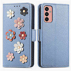 Leather Case Stands Flip Flowers Cover Holder S02D for Samsung Galaxy M13 4G Blue