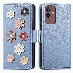 Leather Case Stands Flip Flowers Cover Holder S02D for Samsung Galaxy M13 5G Blue