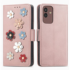 Leather Case Stands Flip Flowers Cover Holder S02D for Samsung Galaxy M13 5G Rose Gold