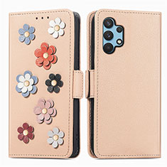 Leather Case Stands Flip Flowers Cover Holder S02D for Samsung Galaxy M32 5G Khaki