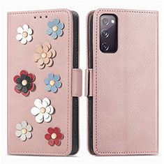 Leather Case Stands Flip Flowers Cover Holder S02D for Samsung Galaxy S20 FE 5G Rose Gold
