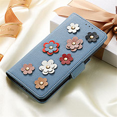 Leather Case Stands Flip Flowers Cover Holder S02D for Samsung Galaxy S21 FE 5G Blue