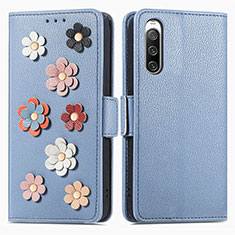 Leather Case Stands Flip Flowers Cover Holder S02D for Sony Xperia 10 IV Blue