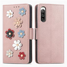 Leather Case Stands Flip Flowers Cover Holder S02D for Sony Xperia 10 IV Rose Gold