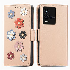 Leather Case Stands Flip Flowers Cover Holder S02D for Vivo iQOO 10 5G Khaki