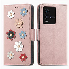 Leather Case Stands Flip Flowers Cover Holder S02D for Vivo iQOO 10 5G Rose Gold