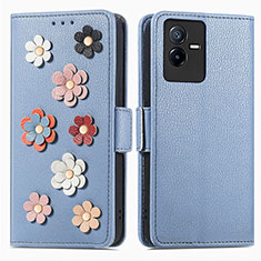 Leather Case Stands Flip Flowers Cover Holder S02D for Vivo iQOO Z6x Blue