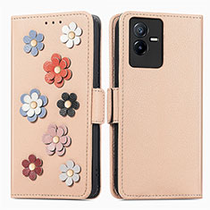 Leather Case Stands Flip Flowers Cover Holder S02D for Vivo T2x 5G Khaki