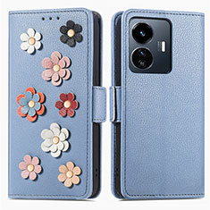 Leather Case Stands Flip Flowers Cover Holder S02D for Vivo Y77e 5G Blue