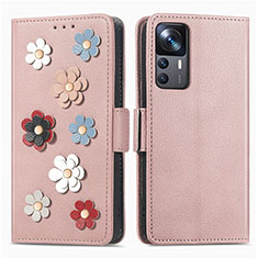 Leather Case Stands Flip Flowers Cover Holder S02D for Xiaomi Mi 12T 5G Rose Gold