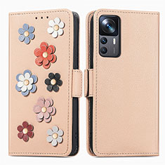 Leather Case Stands Flip Flowers Cover Holder S02D for Xiaomi Mi 12T Pro 5G Khaki