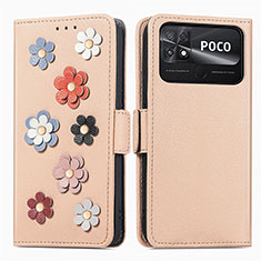 Leather Case Stands Flip Flowers Cover Holder S02D for Xiaomi Poco C40 Khaki