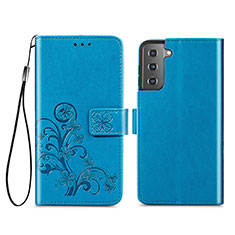 Leather Case Stands Flip Flowers Cover Holder S03D for Samsung Galaxy S22 5G Blue