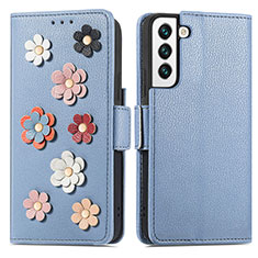 Leather Case Stands Flip Flowers Cover Holder S04D for Samsung Galaxy S21 Plus 5G Blue