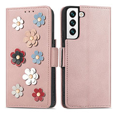 Leather Case Stands Flip Flowers Cover Holder S04D for Samsung Galaxy S21 Plus 5G Rose Gold