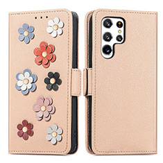 Leather Case Stands Flip Flowers Cover Holder S04D for Samsung Galaxy S21 Ultra 5G Gold