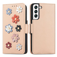Leather Case Stands Flip Flowers Cover Holder S04D for Samsung Galaxy S22 5G Gold