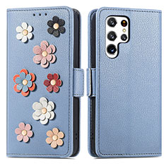 Leather Case Stands Flip Flowers Cover Holder S04D for Samsung Galaxy S22 Ultra 5G Blue