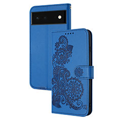 Leather Case Stands Flip Flowers Cover Holder Y01X for Google Pixel 6 5G Blue