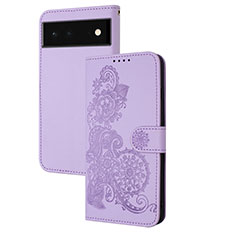 Leather Case Stands Flip Flowers Cover Holder Y01X for Google Pixel 6 5G Purple