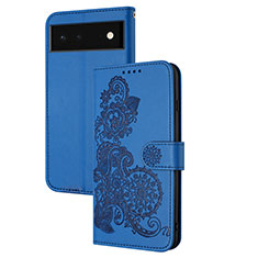 Leather Case Stands Flip Flowers Cover Holder Y01X for Google Pixel 6 Pro 5G Blue