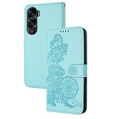 Leather Case Stands Flip Flowers Cover Holder Y01X for Huawei Honor 90 Lite 5G Mint Blue