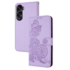 Leather Case Stands Flip Flowers Cover Holder Y01X for Huawei Honor 90 Lite 5G Purple