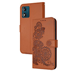 Leather Case Stands Flip Flowers Cover Holder Y01X for Motorola Moto E13 Brown