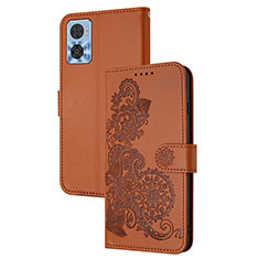 Leather Case Stands Flip Flowers Cover Holder Y01X for Motorola Moto E22 Brown