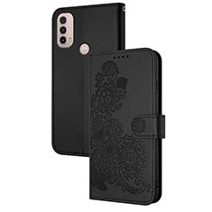 Leather Case Stands Flip Flowers Cover Holder Y01X for Motorola Moto E40 Black