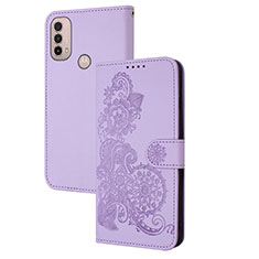 Leather Case Stands Flip Flowers Cover Holder Y01X for Motorola Moto E40 Purple