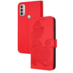 Leather Case Stands Flip Flowers Cover Holder Y01X for Motorola Moto E40 Red