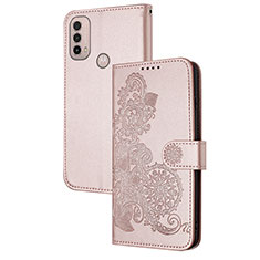 Leather Case Stands Flip Flowers Cover Holder Y01X for Motorola Moto E40 Rose Gold