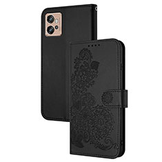 Leather Case Stands Flip Flowers Cover Holder Y01X for Motorola Moto G32 Black