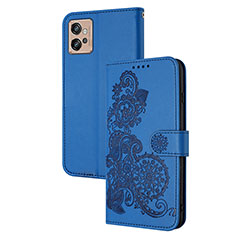 Leather Case Stands Flip Flowers Cover Holder Y01X for Motorola Moto G32 Blue