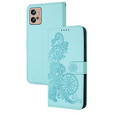 Leather Case Stands Flip Flowers Cover Holder Y01X for Motorola Moto G32 Mint Blue