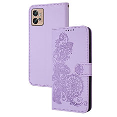 Leather Case Stands Flip Flowers Cover Holder Y01X for Motorola Moto G32 Purple
