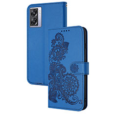 Leather Case Stands Flip Flowers Cover Holder Y01X for OnePlus Nord N300 5G Blue