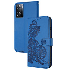 Leather Case Stands Flip Flowers Cover Holder Y01X for Oppo A57 4G Blue