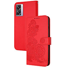 Leather Case Stands Flip Flowers Cover Holder Y01X for Oppo A57 5G Red