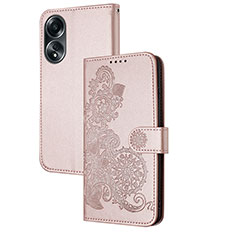 Leather Case Stands Flip Flowers Cover Holder Y01X for Oppo A58 4G Rose Gold