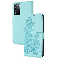 Leather Case Stands Flip Flowers Cover Holder Y01X for Oppo A77s Mint Blue